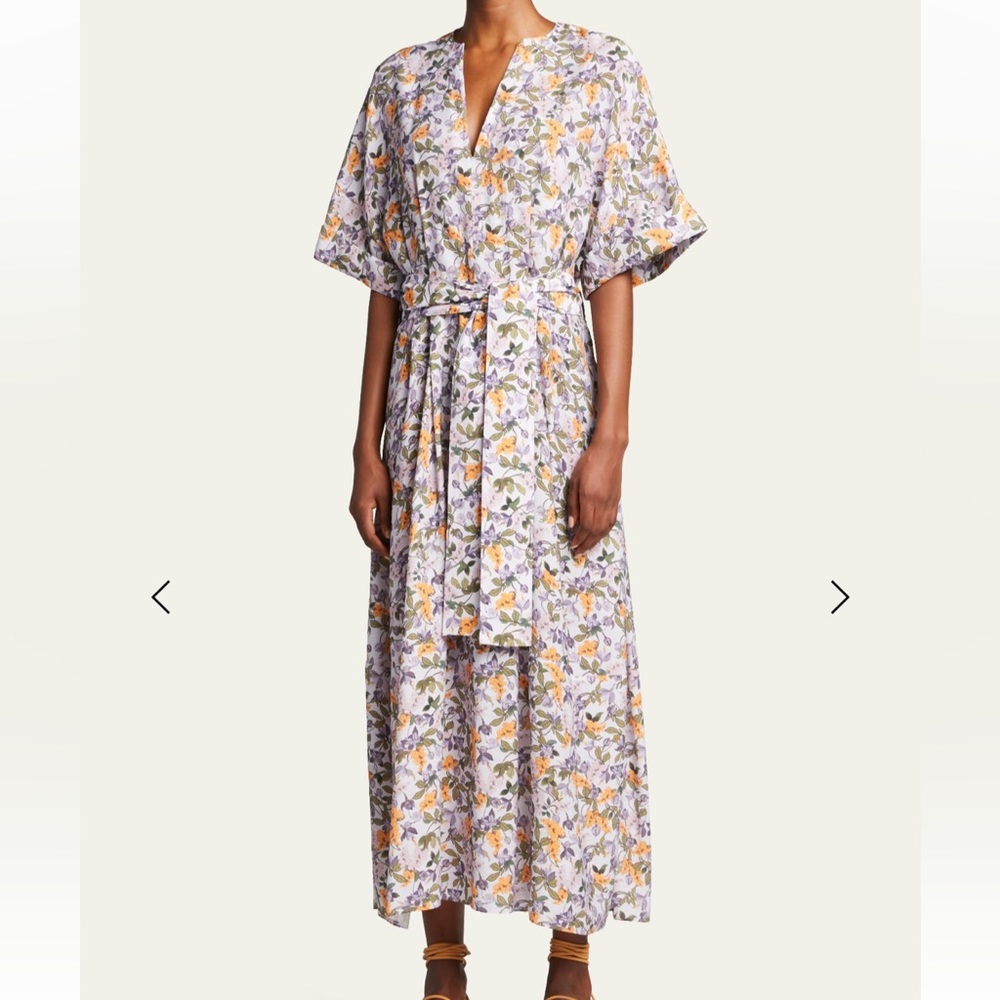 Wisteria vine cuffed-sleeve belted floral dress, size Small